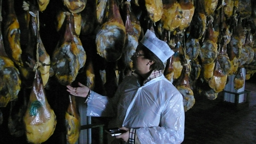 Nuria, de IberGour, revisando la reserva de paletas 5 Jotas en las bodegas de Jabugo