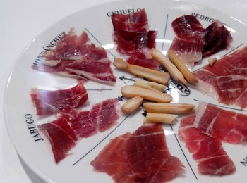 Pata negra ham slices on plate