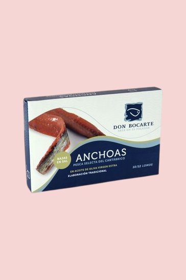Anchoas del Cantábrico Don Bocarte en aceite de oliva, bajas en sal (120 gr - 10/12 lomos)