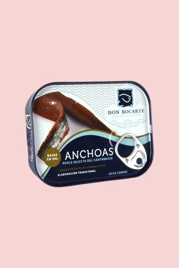Anchoas del Cantábrico Don Bocarte en aceite de oliva, bajas en sal (85 gr - 13/15 lomos)