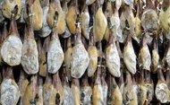 Jamones curándose colgados del techo en una bodega