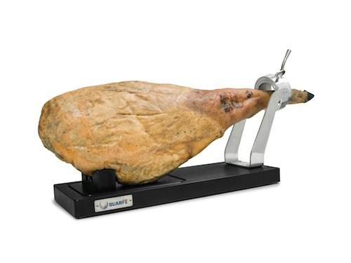 Soporte jamonero Buarfe Ibérico Inox PE-500 con un jamón colocado